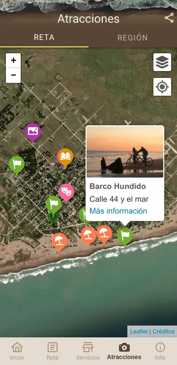Screenshot of the app Destino Reta showing local attractions on a map, with an information space at each point