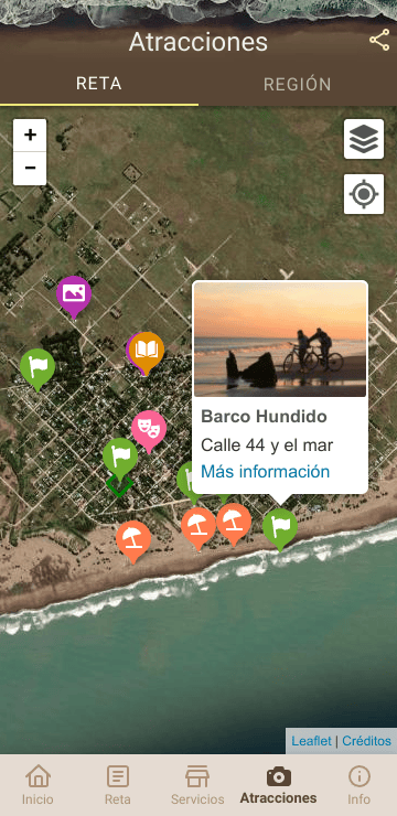 Screenshot of the app Destino Reta showing local attractions on a map, with an information space at each point