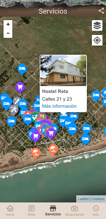 Screenshot of the app Destino Reta showing advertisers on a map, with an information space at each point